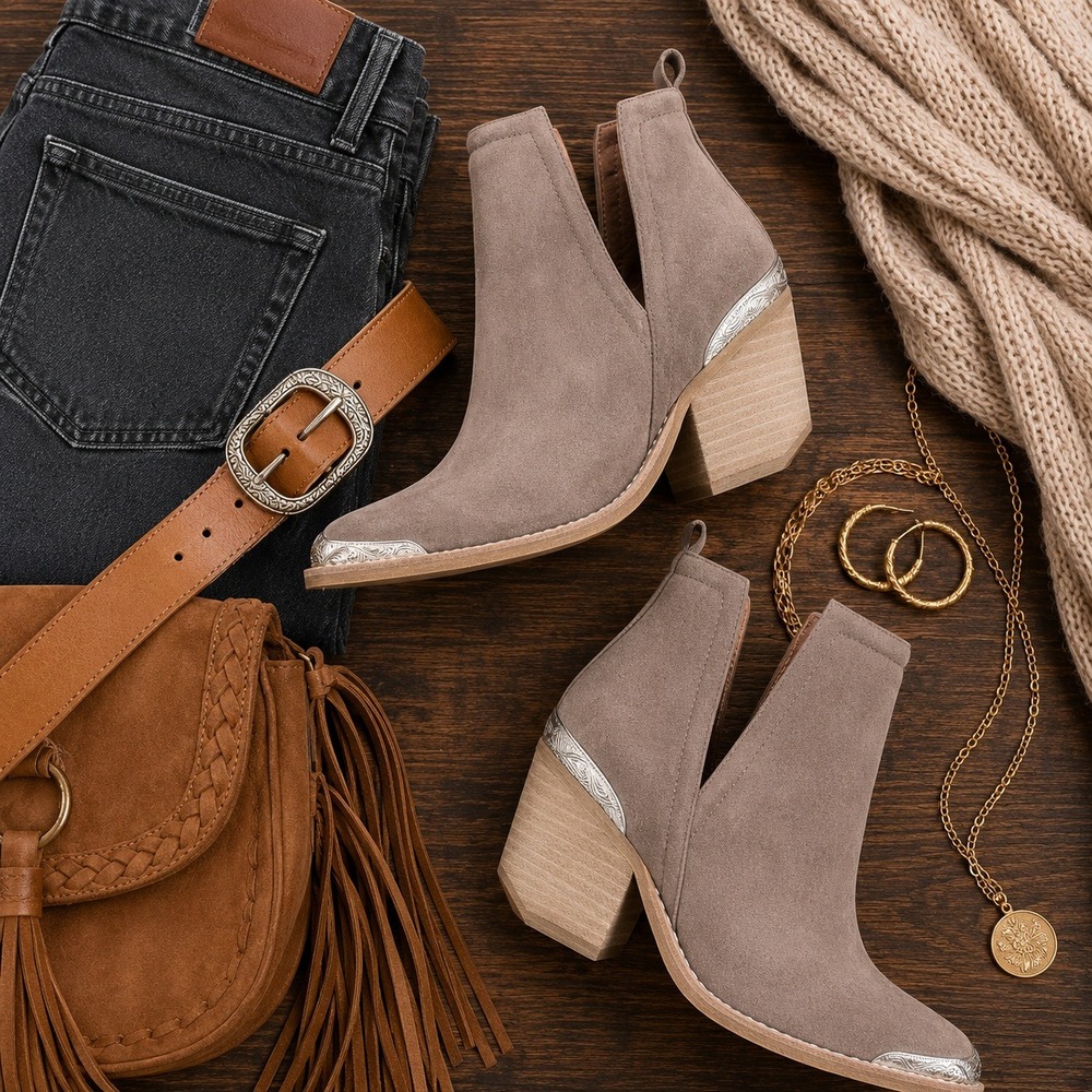Jeffrey Campbell Cromwell Taupe Suede Western Cutout Ankle Booties Silver 8.5